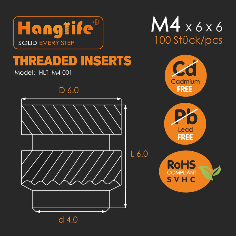Heat-Set Threaded Inserts, M4 Heat Set Insert for 3D Printing Components and Plastic Parts - Brass Metric Knurled Nuts (100 Pieces) M4 x D6 x L6(100pcs)