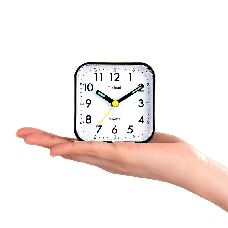 Small Battery Operated Analog Travel Alarm Clock Silent Non Ticking, Gentle Wake, Ascending Beep Sounds, Snooze,Lighted on Demand, Easy Set(Black) Black