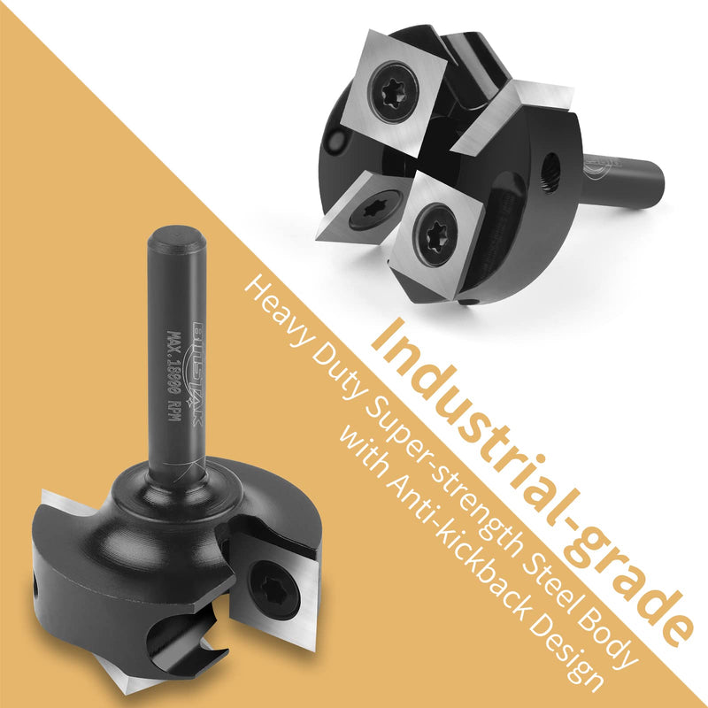 CNC Spoilboard Surfacing Router Bit 1/4" Shank, Slab Flattening Router Bit with 1-3/8" Cutting Diameter, 2+2 Flutes Insert Carbide Wood Planer Router Bits, Planing Bit for Woodworking Surfacing Bit 1/4" Shank-1-3/8" Cut Dia. (2+2 Inserts)