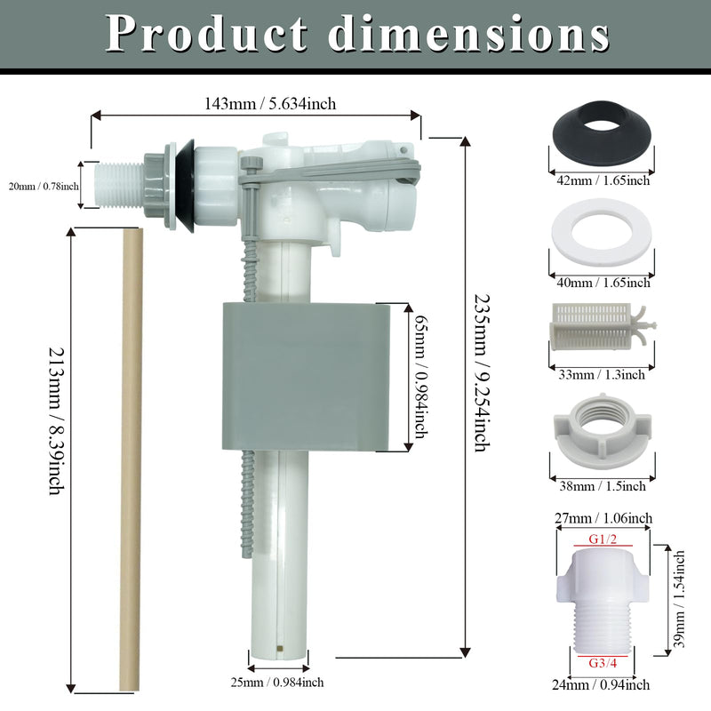 Toilet Side Mount Fill Valve Replacement, Compatible with Delta RP71168, G1/2 Inlet with G7/8 Adapter, Adjustable Height Float, Includes Filter Screen & Refill Tube, WC Tank Repair Parts