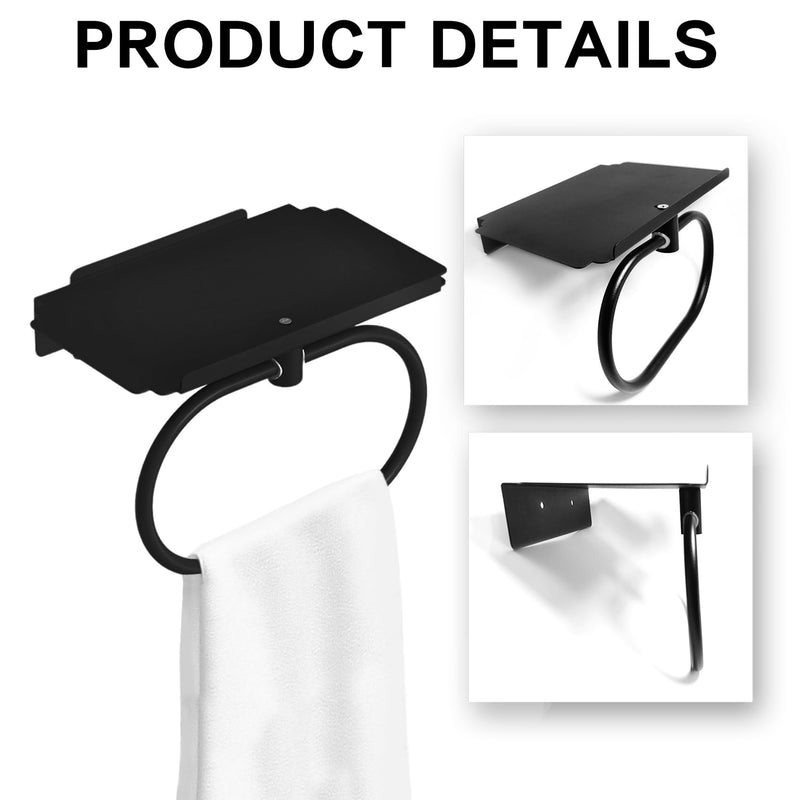 Towel Holder with Shelf, Carbon Steel Heavy Duty Wall Mounted Towel Rack Maijdoany for Bathroom Kitchen, Matte Black Hidden Hand Towel Hanger Ring with Storage Shelf