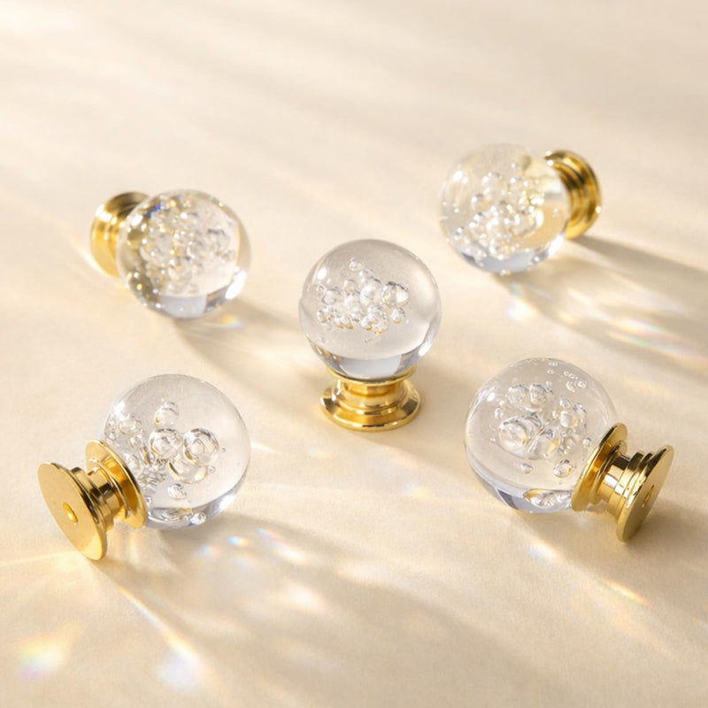 POZEAN Crystal Bubble Ball Knobs - 12PCS Decorative Cabinet Drawer Pulls, Transparent Crystal Sphere Handles with Gold Aluminum Base for DIY Furniture Upgrade, Closet, Kitchen, Desk, and Gift Use