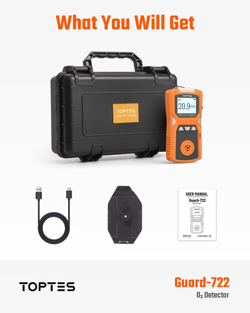 Guard-722 Oxygen Detector, Portable O2 Monitor, 0-30%, Rechargeable 120H Battery Duration, Sound, Light and Vibration Alarms, Dust and Explosion Proof, Handheld O2 Meter for Work, Home - Orange