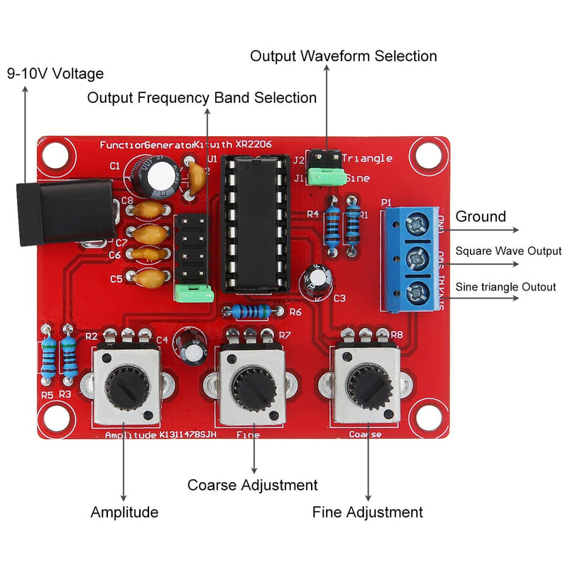 Precise Function Signal Generator XR2206 1Hz-1MHz Adjustable Sine Triangle Square Output Frequency Module