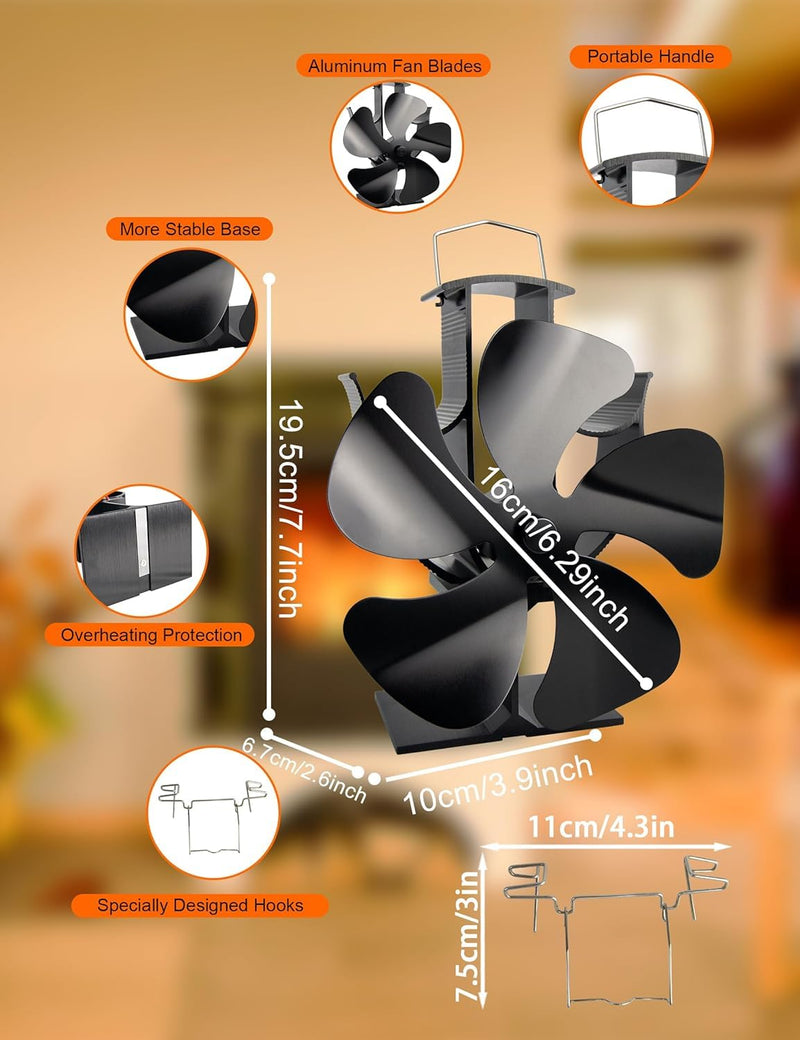 Tomersun Wood Stove Fan Heat Powered Fireplace Fan 5 Blades Stove Fans with Bracket Fixed on Stove, Camping Outdoor/Indoor Use Large