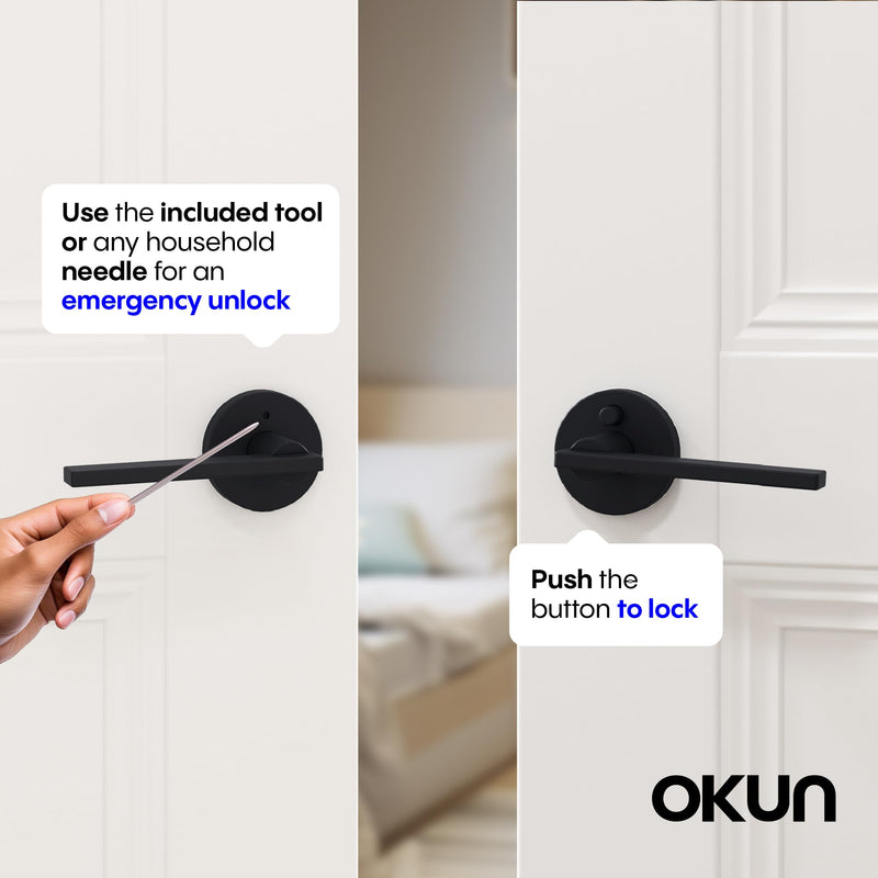 Okun Valli 1-Pack Matte Black Privacy Door Levers – Push Button Lock, Reversible, Sleek Concealed-Mount Design for Bedroom & Bathroom 1 Pack