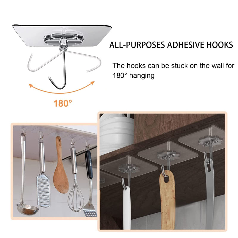 Adove Adhesive Hooks for Hanging, Heavy Duty Wall Hooks 20 Pack, Removable Sticky Ceiling Hooks, Transparent Self Adhesive Shower Hooks, Water & Oil Proof Strong 22lb(Max) Door Coat Hooks