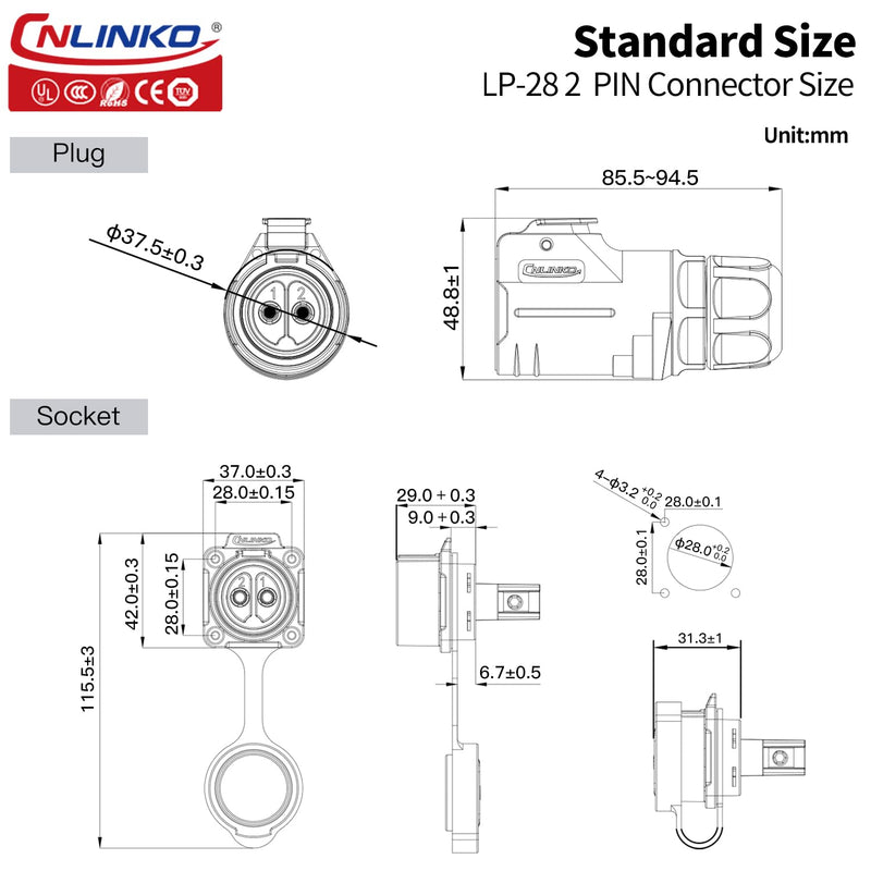 CNLINKO LP-28 2-Pin Waterproof Connector Secure Screw-in Design Circular Connector, IP68 Quick Plugging Aviation Connector, M28 Flange Socket with 4-Hole Panel (2-PIN Screwing) 2-Pin Screw-Assembly 4-Hole Socket Set
