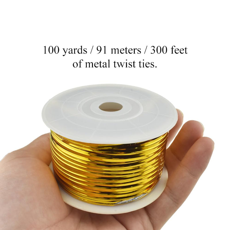 HAHIYO 100Yards/300Feet/91M Gold Metal Twist Ties Bread Candy Coffee Bag Ties Plant Garden Twist Ties for Cellophane Treat Bag Gift Wraping Bag Plastic Bag Halloween Party Cake Present Art Craft