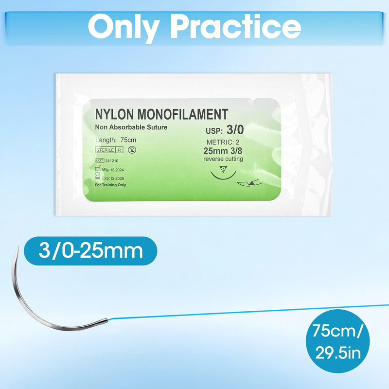 Suture Practice Thread with Needle Kit, Suturing Thread for Students Training Only, 3/0 Nylon Monofilament Stitches Knot Tying Kits for Sutures Pads, Fruit peels(12 Pack) noly-3/0-12