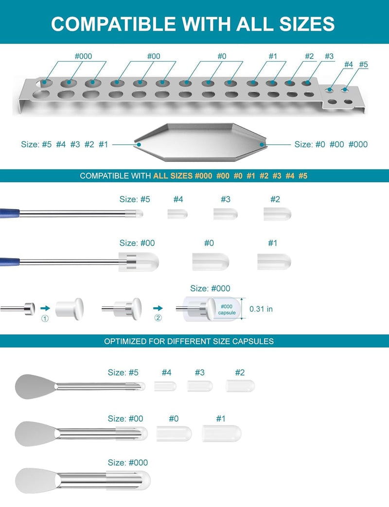 Capsule Filling Machine Kit – Pill Filler Tray Tools for Quickly Maker Empty Gel Capsules All Size 000 00 0 1 2 3 4 5, Lab Spoons Spatula Scoops Tool (13Pcs Plus) 12