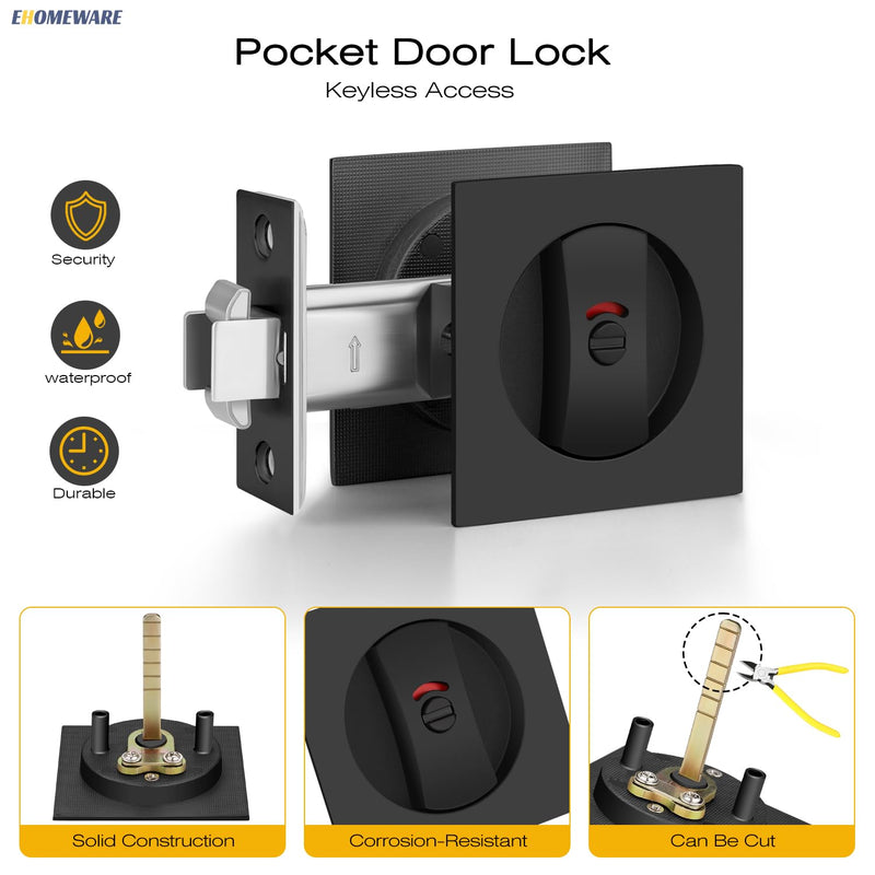 EHOMEWARE 2 Pack Matte Black Pocket Door Hardware, Keyless Privacy Pocket Door Handles, Pocket Door Latch with Red-Green Indicator, Square Recessed Door Handle for Sliding/Bifold Doors Privacy Door Lock-2 Pack