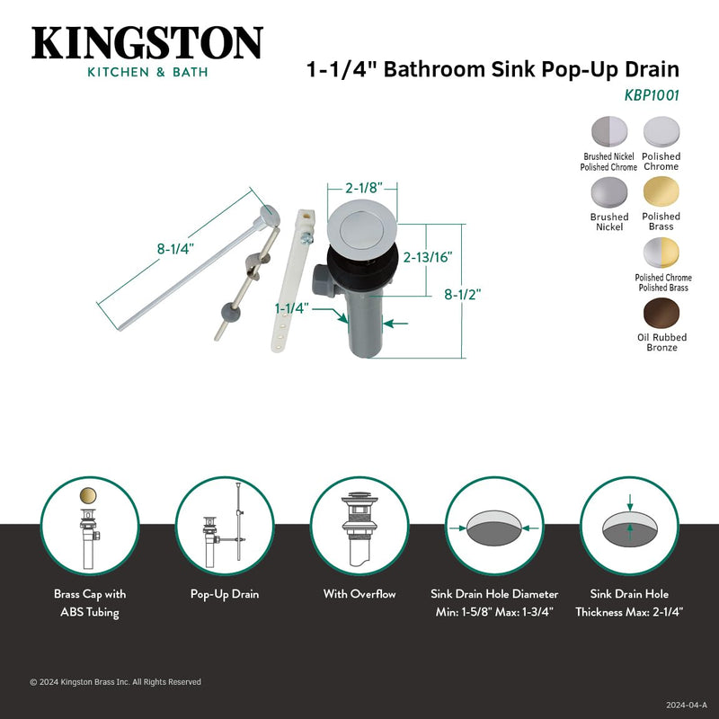 Kingston Brass KBP1004 Plastic Pop-Up Drain with Overflow, Polished Chrome/Polished Brass