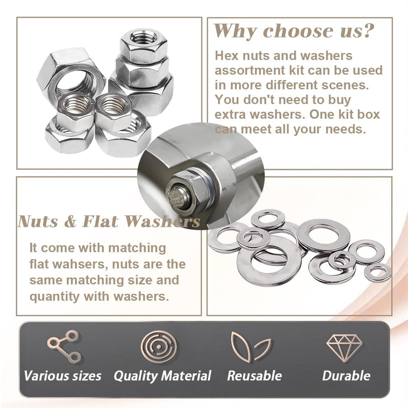 Dianrui 276PCS Metric Hex Nuts Assortment Kit with Flat Washers, 7 Size Nuts and Flat Washer Set (M3 M4 M5 M6 M8 M10 M12) 304 Stainless Steel Hardware Hex Nut for Screw Bolt 276PCS Metric Kit (M3—M12)