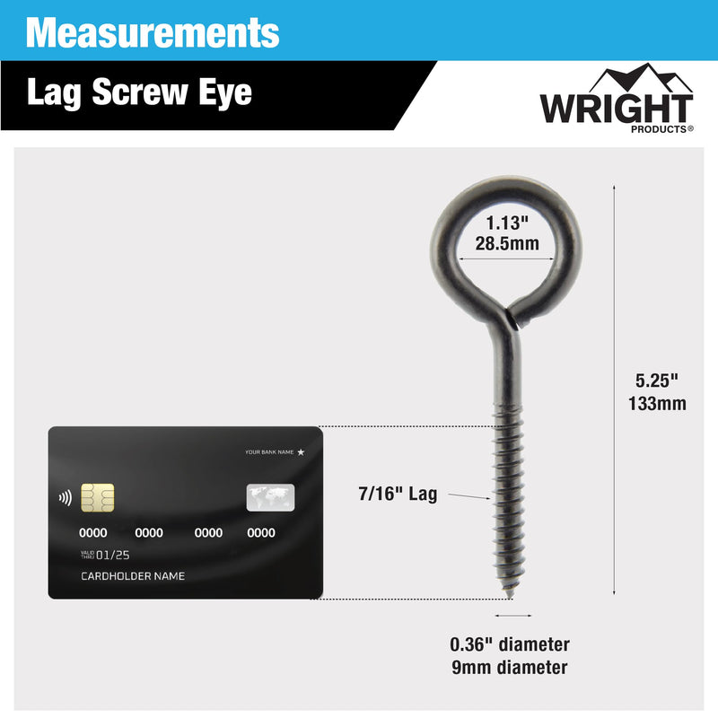 Wright Products Lag Screw Eye, 5-Pack, 5.25 Inch x .43 inch - Heavy-Duty, Weather-Resistant Hardware for Outdoor and Indoor Applications - Ideal for Hanging Plants, Swing Sets, Matte Black