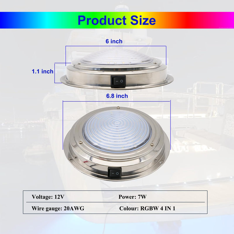 Marine Boat Dome Lights, 7 Inch RGBW LED Cabin Light with Toggle Switch, 12V Interior Lamp with Stainless Steel Surface Mount