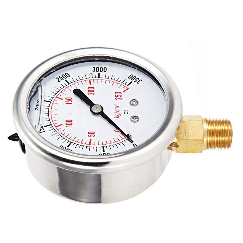 0-3500 PSI Liquid Filled Hydraulic Pressure Gauge Water Air Oil Gas Gauge | Stainless Steel Pressure Test for Water Pipe HVAC Silver