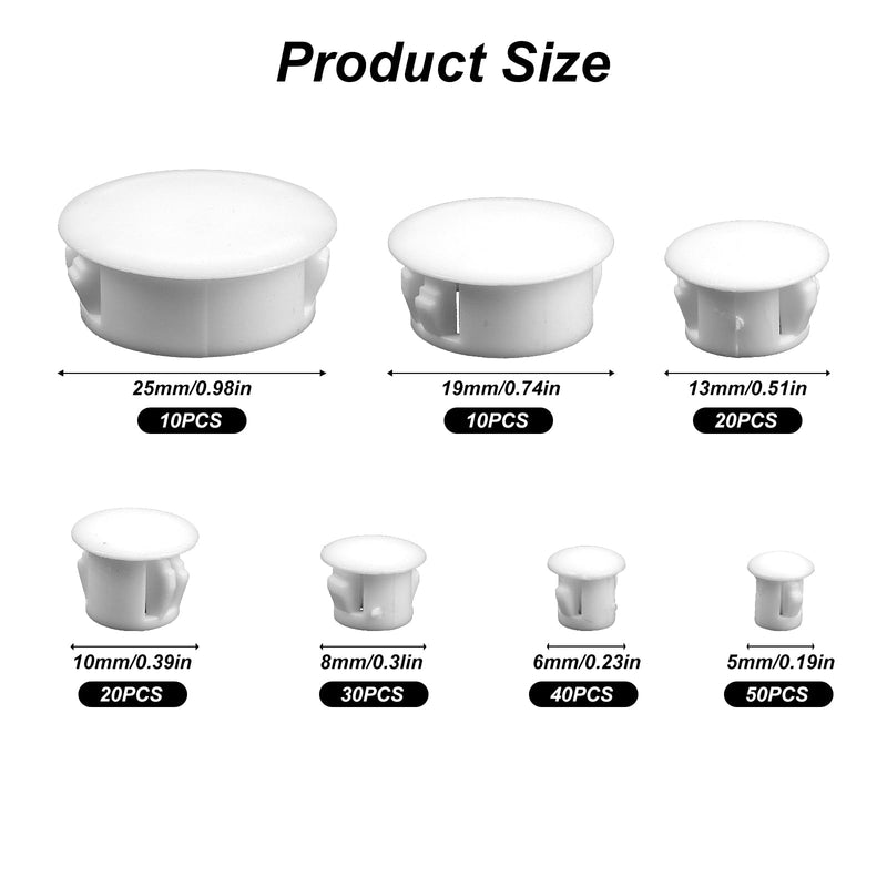 Plastic Hole Plugs, 180pcs White Panel Knockout Locking Plugs, Round Drill Screw Hole Plugs Covers for Kitchen Cabinet Furniture Insert End Caps, 1" 3/4" 1/2" 3/8" 5/16" 1/4" 1/5" B-white Mixed