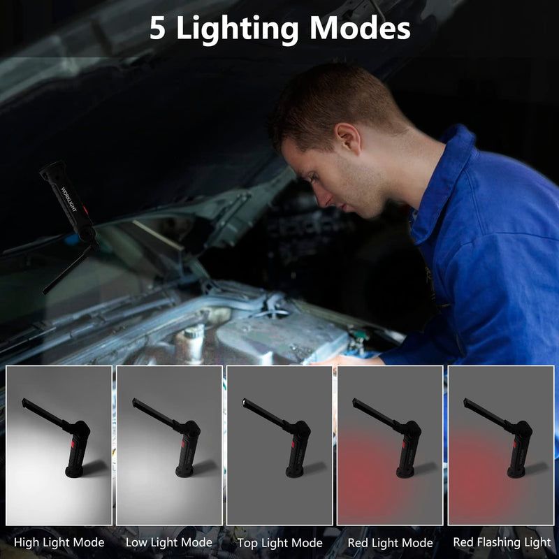 Working Light Portable, Rechargeable Work Lights with Magnetic Base Hanging Hook,360° Rotate 5 Modes,COB LED 800 Lumens Foldable Inspection Light for Car Repair, Grill and Outdoor Use(4pack) Black*4