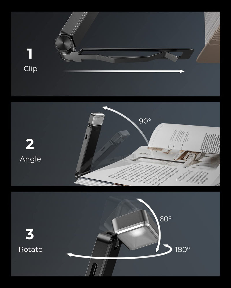 86lux Reading Light, Rechargeable Book Light for Reading in Bed, Ultralight Clip-on LED Bookmark Lamp with 3 Amber Colors & Stepless Dimming for Night Reading for Book Lovers, Kids, Grey Gray