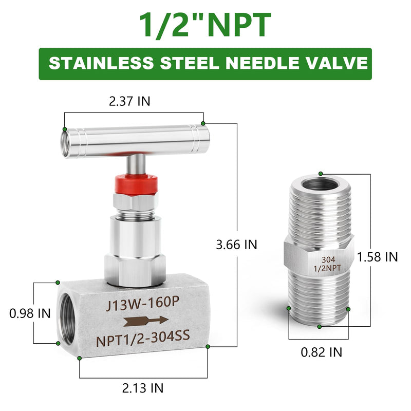 TAISHER 1PCS 304 Stainless Steel High Pressure Straight Needle Valve 1/2" Female NPT For Flow Control Water Gas Oil With Nipple 1/2" NPT