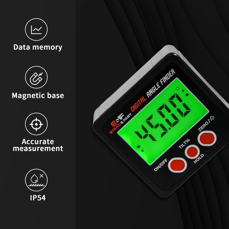 S&F STEAD & FAST Digital Angle Finder Gauge Magnetic Protractor Inclinometer Angle Cube Level Box with Magnetic Base and Backlight on Demand for Woodworking,Table Saw,Construction Black