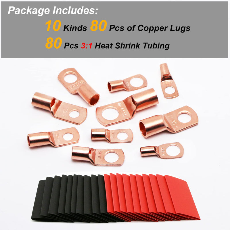 TKDMR 160Pcs Copper Wire Lugs AWG2 4 6 8 10 12 with Heat Shrink Set, 80Pcs Battery Cable Ends Ring Terminals Connectors Tubing Assortment Kit 10 Kind Sizes 160