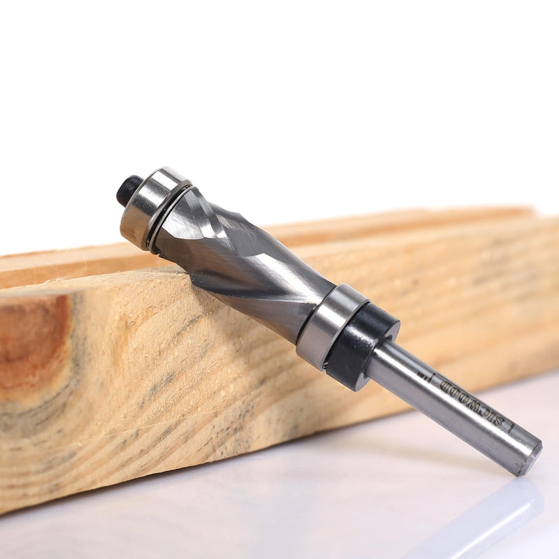 Compression Top and Bottom Bearing Flush Trim Router Bit 1/4 Shank - 1/2" Cutting Dia, Carbide Spiral Up-Down Pattern Template Flush Cut Router Bit, for Wood Trimming 1/2" Dia, 1" Height., 1/4 Shank. Top&Bottom Bearing