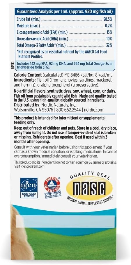 Nordic Naturals Omega-3 Cat, Unflavored - 2 oz - 304 mg Omega-3 Per One mL - Fish Oil for Cats with EPA & DHA - Promotes Heart, Skin, Coat, Joint, & Immune Health - Non-GMO