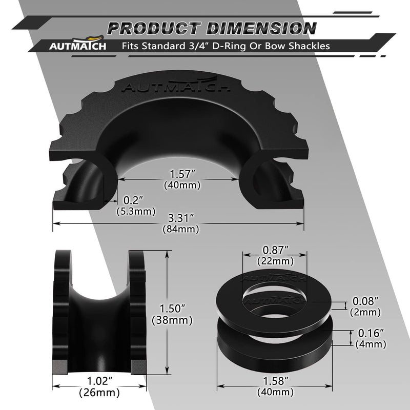 AUTMATCH D Ring Shackle Isolators Washers Kit - 2 Rubber Shackle Isolators with 8 Washers, Fits 3/4 Shackles Protect and Prevents Rattling, Shackle Cover Black 3/4 Shackle Isolator & Washer