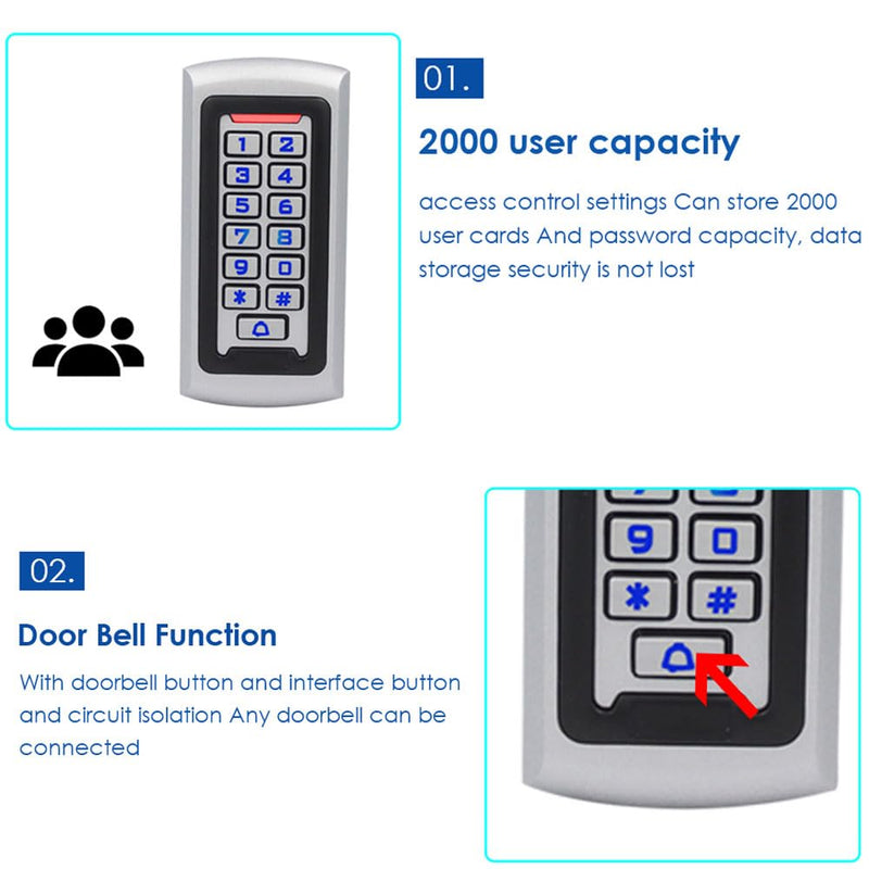 Waterproof Stand Alone Access Control Keypad,Metal RFID Card Reader,Door Access Control System Lock,Electric Gate Opener,Gate Lock,2000 User,Wiegand 26-bit,Proximity 125Khz RFID Card Keyfob