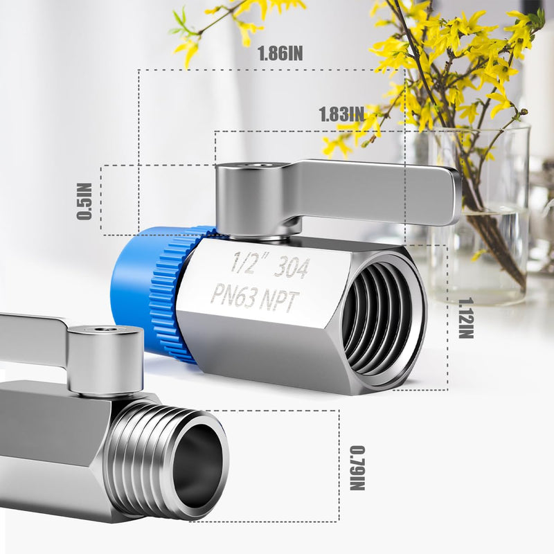 304 Stainless Steel Showerhead Shut Off Valve with Handle, Mini Ball Valve 1/2" Female X Male NPT, Water Flow Control Valve Regulator Chrome, ShowerHead Flow Control Valve 1Pcs