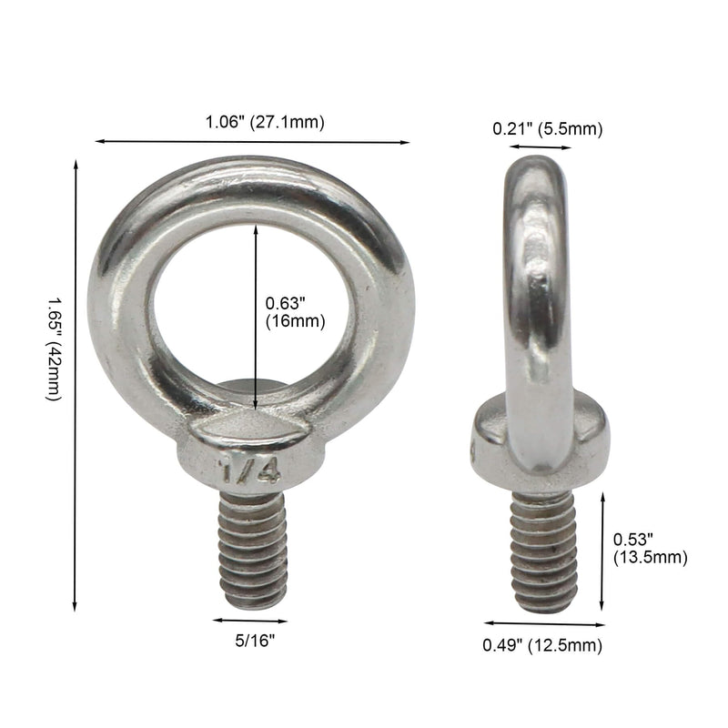 Aiwaiufu 4 Packs 1/4"-20 Eye Bolts, 316 Stainless Steel Marine Grade Shoulder Eye Bolts, UNC Standard Threaded Lifting Ring Bolts