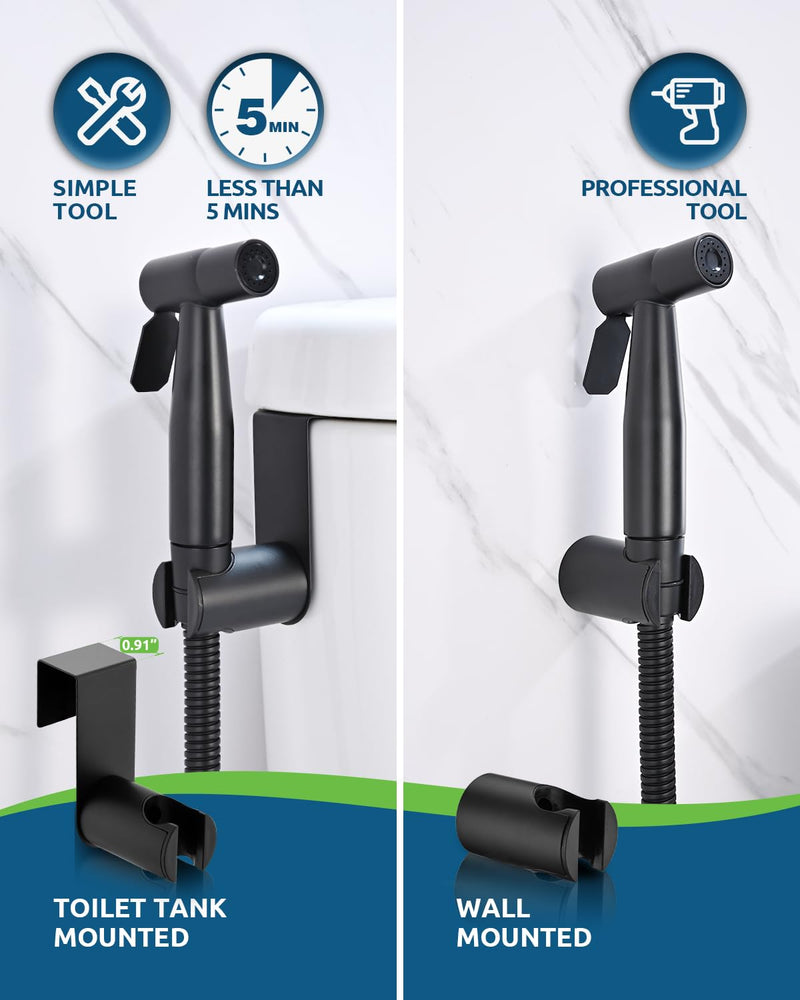 Black Bidet Sprayer for Toilet, Muslim Shower Handheld Jet Sprayer Adjustable Water Flow with Bidet Hose for Feminine Wash, Black Bidet Faucet Cloth Diaper for Baby Wash, Wall/Toilet Mount 1 SET Matte Black
