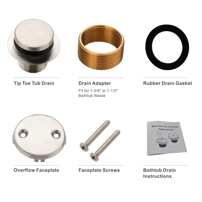 Brushed Nickel Tub Drain Tip-Toe Tub Trim Set Conversion Kit Assembly, Hidrop Bathtub Drain Replacement Trim Kit with 2-Hole Overflow Faceplate and Universal Fine/Coarse Thread, Brushed Nickel 2 Holes