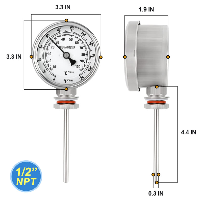 MEANLIN MEASURE 1/2" NPT Bimetal Thermometer for hot Water, boilers, and Pipes，3.2" Dial, 4.4" Stainless Steel Stem，Temperature Range 0-220°F/-10-100 ° C, Accuracy 2%,Lower Mount 3.3Dial/0-220°F(Lower Mount)