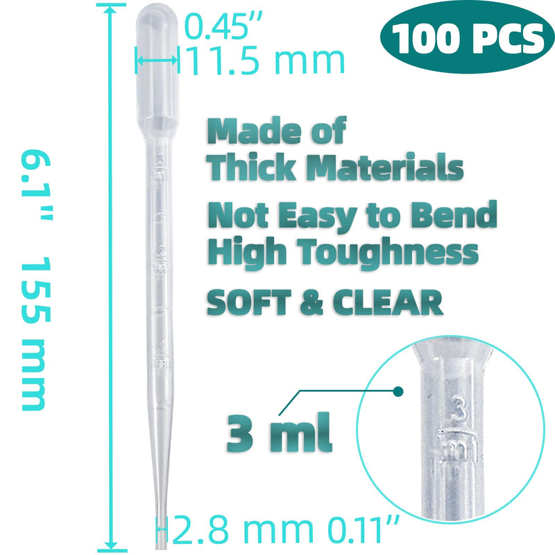 100 PCS 3ML Pipette Dropper - Disposable Plastic Dropper Pipette for Accurate Liquid Transfer, Excellent Suction, Pipettes for Essential Oils, Resin, Crafts, Labs, Kids Activities, DIY Art