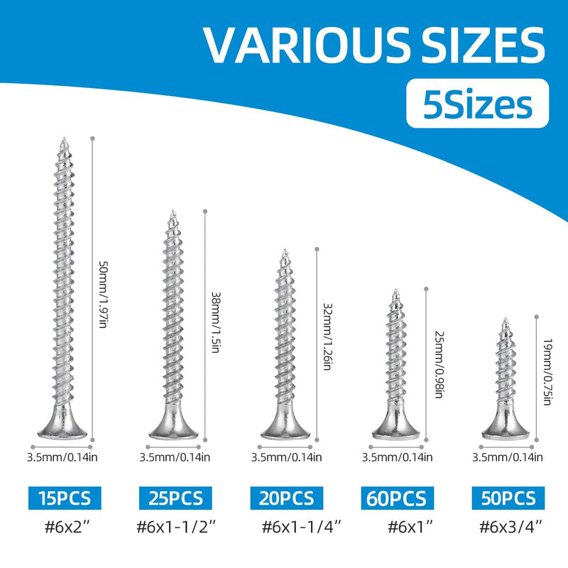High Hardness #6 Drywall Screws Assortment Kit,Zinc Wood Screws 170pcs (3/4",1",1-1/4",1-1/2",2"),Phillips Drive, Flat Head Self Tapping Dry Wall Screws, Assorted Sheetrock Screws,Screw,Screws Set Silver