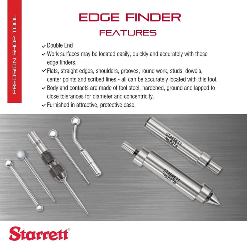 Starrett Edge Finder - Ideal for Flat, Straight Edges, Center Points and Scribed Lines - .200" Contact Diameter and Pointed Contact, .500" Body Diameter, Double End - 827B