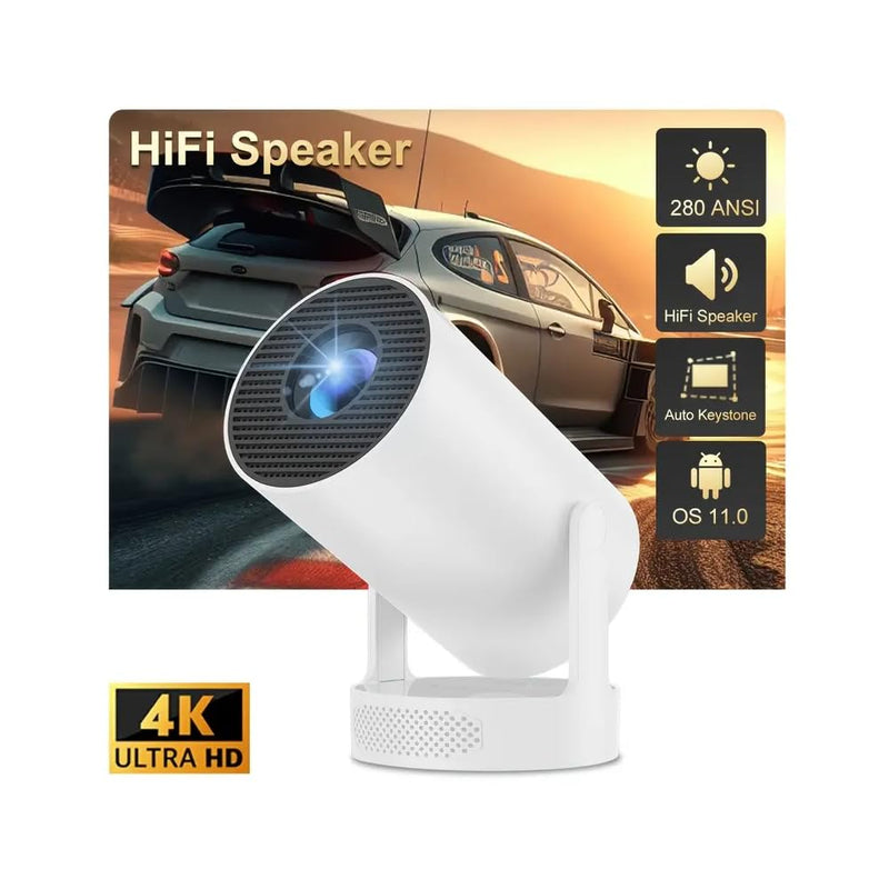 Portable Mini HY300 Pro HiFi Speaker Android TV Projector with WiFi and Bluetooth - 1080P FHD, 2x5W Speaker 360° Stereo Sound, WiFi6, Auto Keystone, Bluetooth 5.4, Compatible with Android/iOS/USB/HDMI