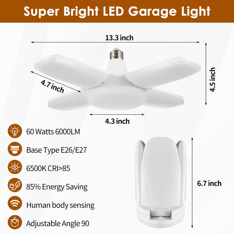 YWD Motion Sensor Garage Light, E26/E27 Screw-in Fixed Frequency Radar Led, Ceiling Mount LED Motion Activated Light for Garage/Shop/Porch - 60W 6000LM 6500K