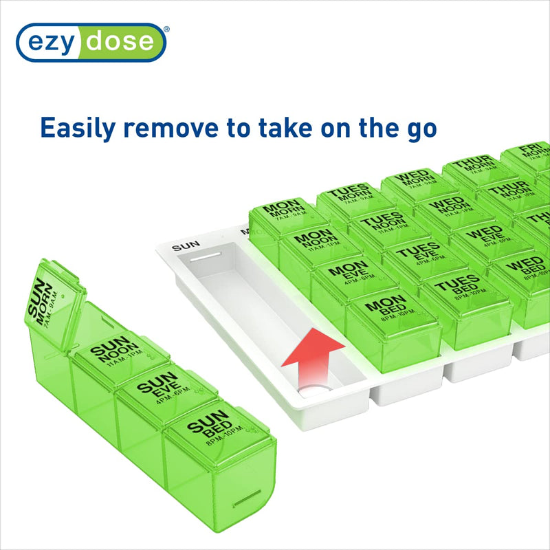 Ezy Dose Weekly (7-Day) Pill Organizer, Vitamin and Medicine Box, Large Pop-Out Compartments, 4 Times a Day, Green