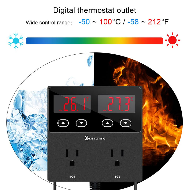 KETOTEK KT99pro Dual Digital Temperature Controller Outlet 10A Relay Heating Coolling Thermostat Controlled Socket with Sensor for Reptile Brewing Fermentation Breeding Incubation Greenhouse