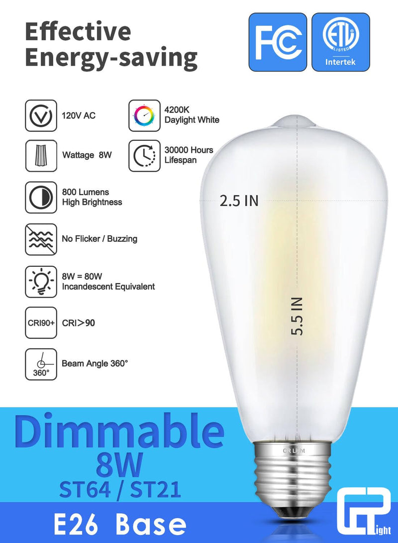 8W ST64 Dimmable LED Edison Bulbs, E26 Base 4200K Daylight, 6 Pack | 80W Incandescent Equivalent 800LM, Frosted Glass Vintage Filament Light Daylight White 4200k - 6 Pack