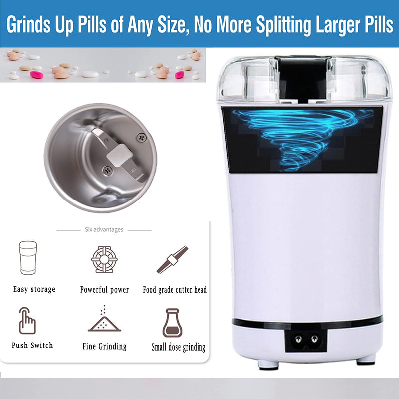 Electric Multifunctional Grinder.Electric Pill Crusher Grinder for Small or Large Pills,to Fine Powder. Pill Crusher Pulverizer Grinder for Elders or Pets. Small Dose Coffee Bean Grinder. (White) White