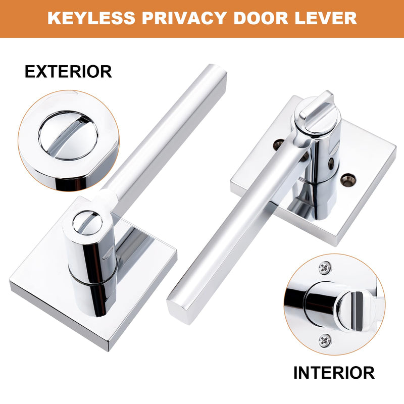 Probrico Polished Chrome Privacy Door Handle Lockset Heavy Duty Square Interior Door Lever for Bedroom or Bathroom Reversible Keyless Handleset Door Knob Slim Handed Levers, 2 Pack