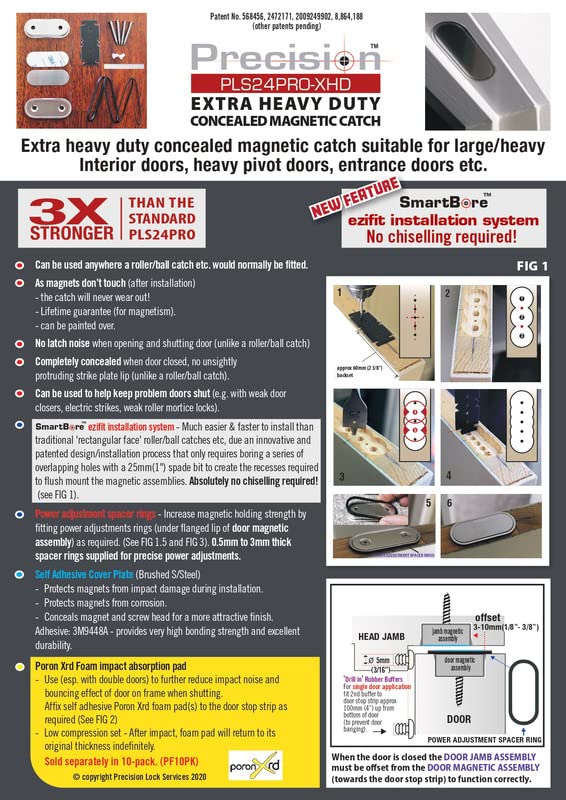 Precision Lock PLS 24 PRO Extra Heavy Duty Concealed Magnetic Catch for Doors with Thickness Greater Than 30 mm (1.18"), Color: Silver, Model: PLS24PROXHD PLS24 PRO XHD
