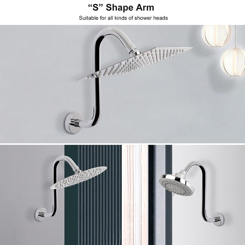 NearMoon S Shaped Shower Head Riser Pipe, Shower Head Extender Arm with Flange, Standard 1/2" Connection- Bathroom Accessory, 12 Inch (1 Pack, Chrome)