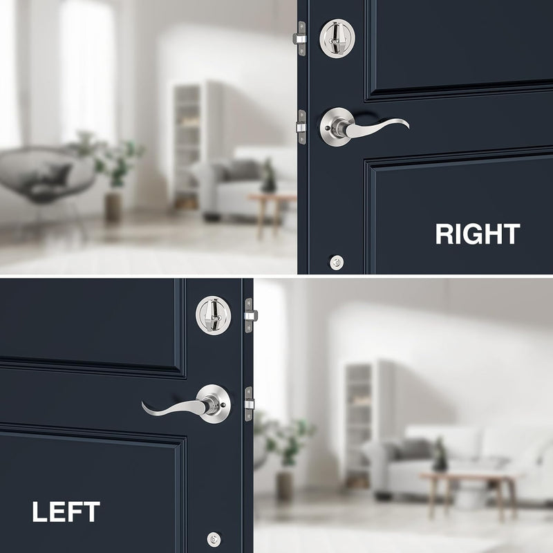 Silver Front Door Handle and Deadbolt Set, Classic Lock With Satin Nickel Exterior Lever, Reversible Entry for Right & Left Handed - NewNest Australia