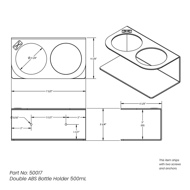 TrippNT 50017 White Acrylonitrile Butadiene Styrene Double Bottle Holder, Stores 2 Bottles of 500mL, 4.25" Diameter x 7.5" Width x 3.25" Height 7.5 x 3.25 4.25 inches